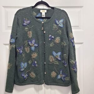 Talbots Floral Embroidered Lambswool Blend Vintage‎ Green Cardigan L